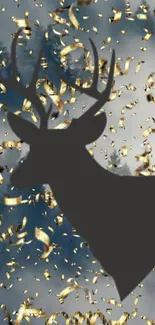 Deer silhouette with golden confetti background wallpaper.