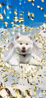 Fluffy white puppy with wings and golden confetti in a sky background.