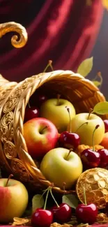 Golden cornucopia filled with apples and cherries, vibrant autumn wallpaper.