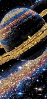 Golden Saturn with shimmering rings in a starry cosmic scene.