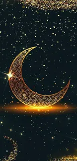 Golden crescent with stars on a dark background.