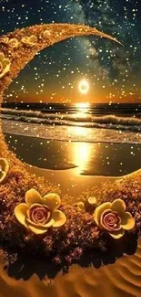 Golden crescent with roses over a night beach scene.