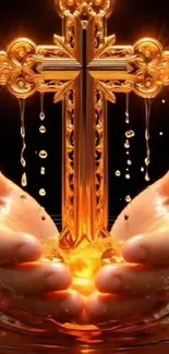 Golden cross held in hands above water with glowing lights.