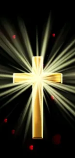 Golden cross with radiant light beams on a dark background wallpaper.