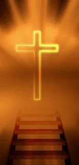 Golden cross shines over stairs in spiritual wallpaper.