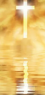 Golden cross reflecting over calm water with radiant light.