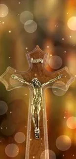 Golden cross with bokeh lights background.