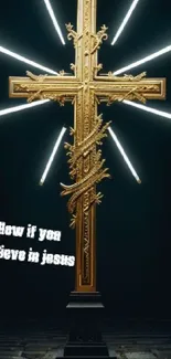 Gold cross with radiant lights and text.