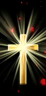 Golden cross and radiant beams with red hearts on a dark background.