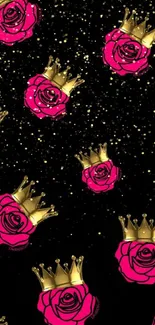 Mobile wallpaper with pink roses and golden crowns on black.