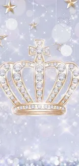 Elegant wallpaper featuring a golden crown with diamonds and stars set against a glittering background.