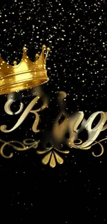 Golden crown with king text on black background.