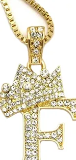 Golden F letter necklace with diamond crown design.