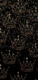 Elegant golden crown pattern on black background wallpaper.