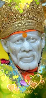 Sai Baba with golden crown and hearts.