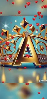 Golden crown with red hearts on blue background.