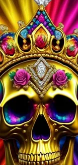 Golden skull with colorful crown and roses on vibrant background.