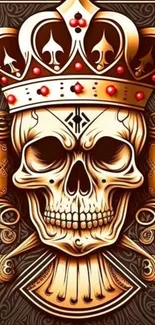 Golden skull with crown on intricate patterned background