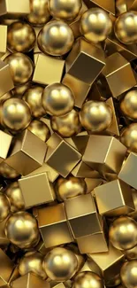 3D wallpaper of gold cubes and spheres, showcasing elegance and luxury.