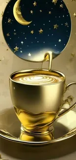 Golden coffee cup with a starry night sky above.