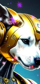 Golden robotic dog art with futuristic and cybernetic design.