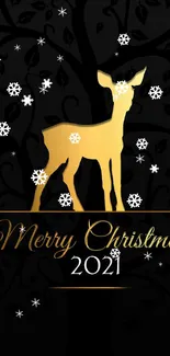 Elegant Christmas wallpaper with golden deer and snowflakes on dark background.