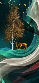 Golden deer and tree with colorful swirls in fantasy art wallpaper.