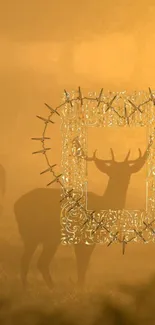 Golden-hued deer in ornate frame with hazy background.