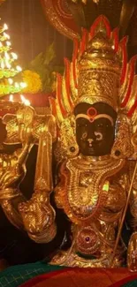 Golden deity with vibrant decorations and spiritual ambiance.