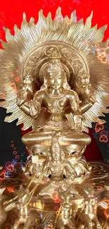 Golden deity statue with radiant design.