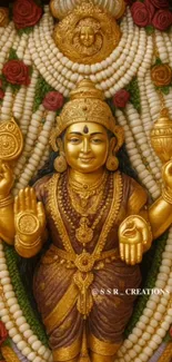 Golden deity sculpture with intricate details and floral decorations.