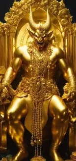 Golden demon statue seated on ornate throne.