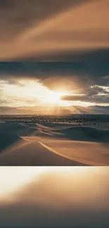 Golden sunset over desert sand dunes with radiant sunbeams.