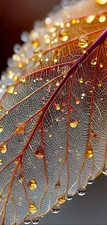 Close-up of a golden leaf with dew drops.