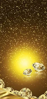 Luxurious golden diamonds on glowing background wallpaper.