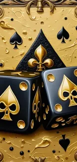 Golden dice with spades on ornate background.