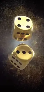 Golden dice tumbling in dark textured background.