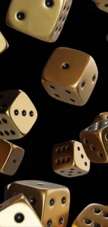 Golden dice floating on a black background.