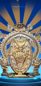 Golden idol with a divine halo on blue background.