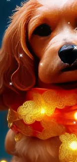 Golden dog with glowing lights scarf background.