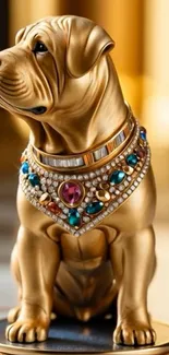 Golden dog statue adorned with gemstones on luxurious background.