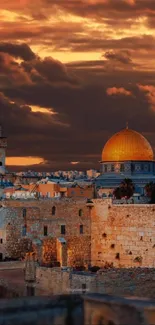 Golden dome and city skyline at sunset, Jerusalem wallpaper.