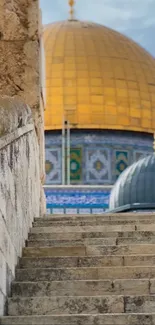 Stunning mobile wallpaper of the golden dome and stone steps in Jerusalem.