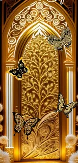 Golden wallpaper with butterflies and ornate door design.