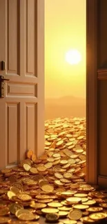 Open door with golden coins in sunlight, symbolizing wealth.