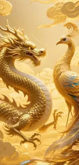 Golden dragon and phoenix in elegant artistic design.