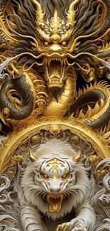 Golden dragon and white tiger artistic wallpaper.