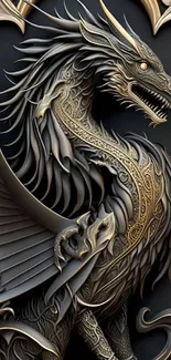 Intricate gold dragon on a dark background, ideal for mobile wallpaper.