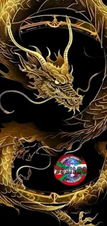 Intricate golden dragon on black background with colorful emblem.