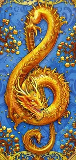 A vibrant wallpaper featuring a golden dragon on a blue background.